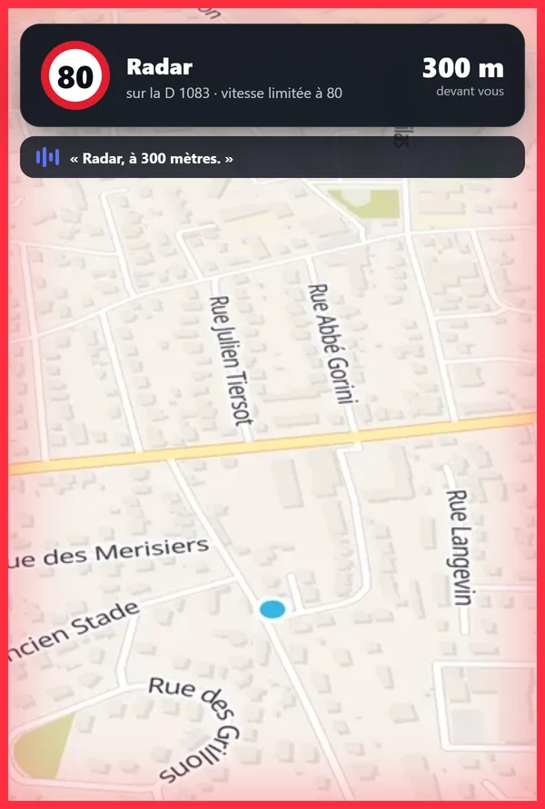 Vigirota annonce un radar : cadre rouge, distance et vitesse limitée affichées