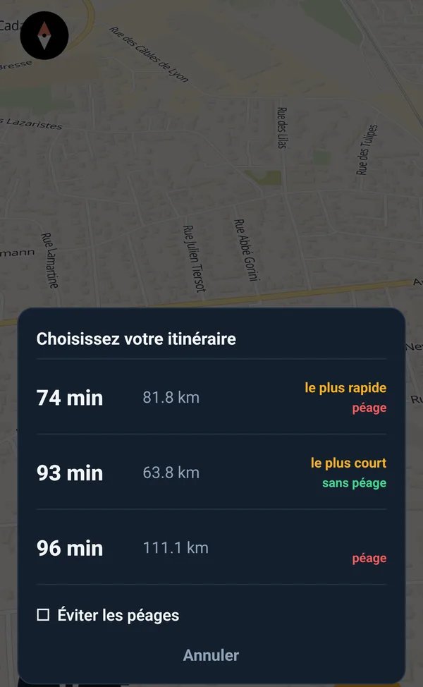 Choix de l'itinéraire dans Vigirota : le plus rapide ou sans péage