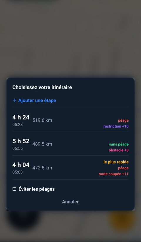 Choix entre plusieurs itinéraires dans Vigirota, avec ou sans péage