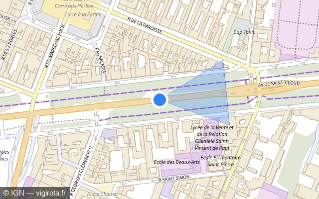 Vue plan de l'emplacement du radar fixe à Versailles sur Avenue de Saint-Cloud / D 185