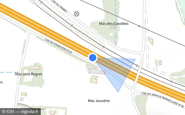 Vue plan de l'emplacement du radar discriminant à Fontvieille sur N 113 / E 80 / La Camarguaise