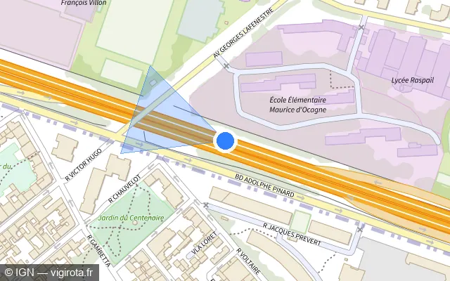 Vue plan de l'emplacement du radar fixe à Montrouge sur E 05 / Boulevard Périphérique Intérieur