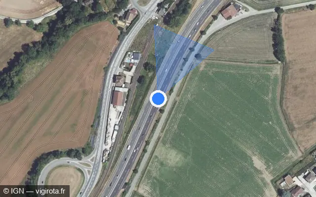 Vue satellite de l'emplacement du radar discriminant à Bossey sur A 40 / E 25 / Autoroute Blanche