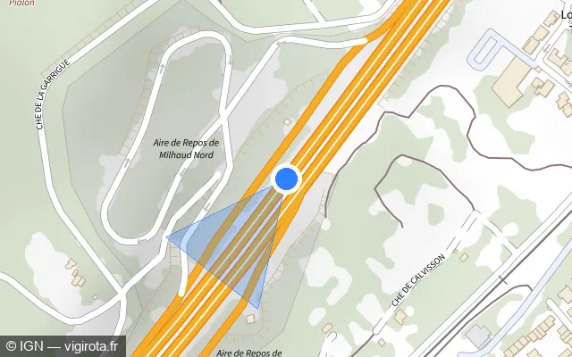 Vue plan de l'emplacement du radar discriminant à Milhaud sur A 9 / E 15 / E 80 / La Languedocienne