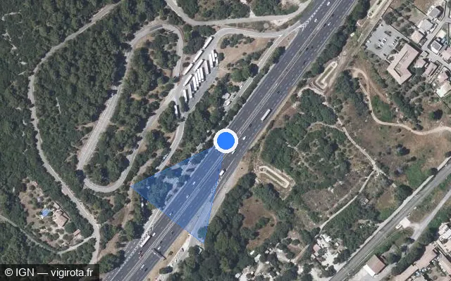 Vue satellite de l'emplacement du radar discriminant à Milhaud sur A 9 / E 15 / E 80 / La Languedocienne