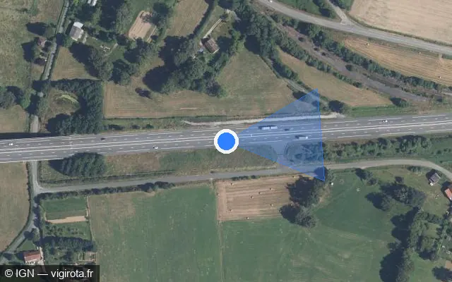 Vue satellite de l'emplacement du radar de vitesse moyenne à Saint-Laurent sur N 145 / E 62 / Route Centre Europe Atlantique