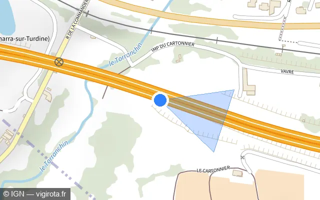 Vue plan de l'emplacement du radar de vitesse moyenne à Vindry-sur-Turdine sur A 89 / E 70 / La Transeuropéenne