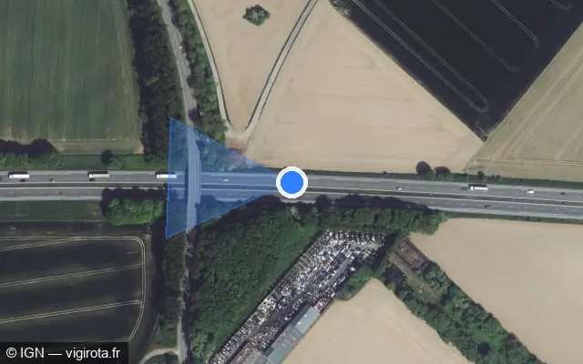 Vue satellite de l'emplacement du radar de vitesse moyenne à Anstaing sur A 27 / E 42