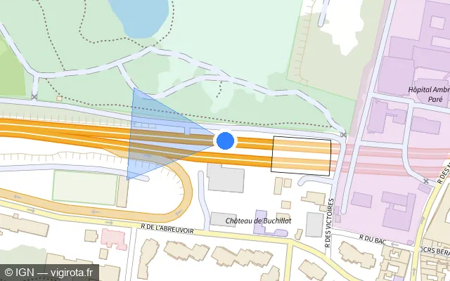 Vue plan de l'emplacement du radar de vitesse moyenne à Boulogne-Billancourt sur A 13 / E 05 / Autoroute de Normandie