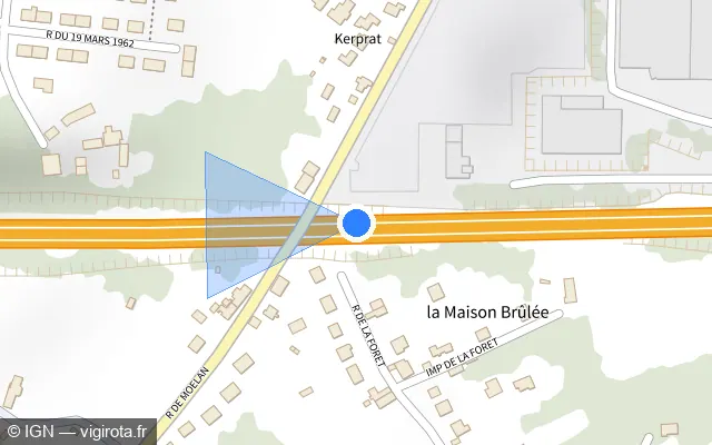 Vue plan de l'emplacement du radar de vitesse moyenne à Quimperlé sur N 165 / E 60 / Voie Express de Nantes à Brest