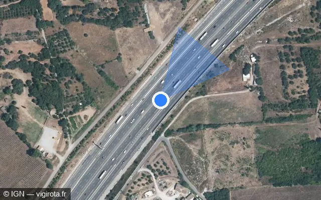 Vue satellite de l'emplacement du radar de vitesse moyenne à Baillargues sur A 9 / E 15 / E 80 / La Languedocienne