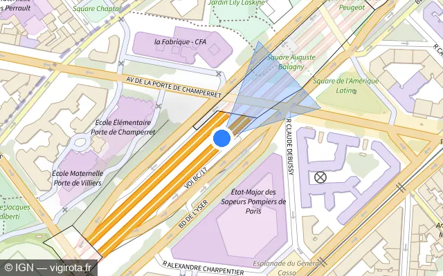 Vue plan de l'emplacement du radar fixe à Levallois-Perret sur Boulevard Périphérique Intérieur