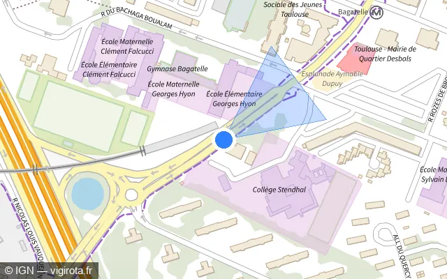 Vue plan de l'emplacement du radar fixe à Toulouse sur Rue Henri Desbals