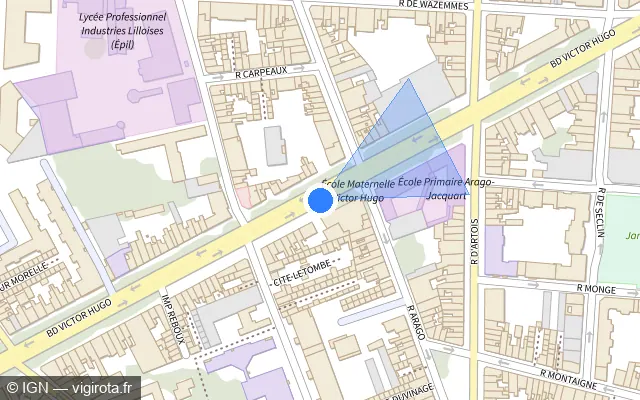 Vue plan de l'emplacement du radar tourelle à Lille sur Boulevard Victor Hugo