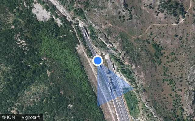 Vue satellite de l'emplacement du radar tourelle à Saint-Félix-de-l'Héras sur A 75 / E 11 / La Méridienne