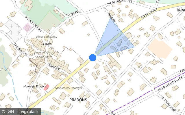 Vue plan de l'emplacement du radar tourelle à Pradons sur Route de Ruoms / D 579