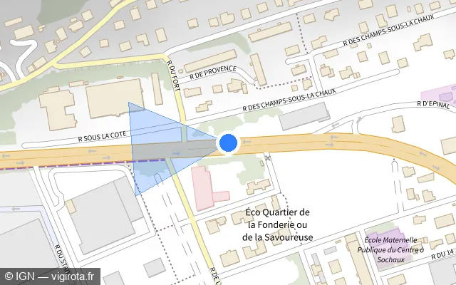 Vue plan de l'emplacement du radar urbain à Sochaux sur Rue d'Épinal / D 613