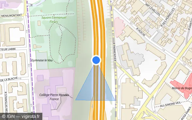 Vue plan de l'emplacement du radar fixe à Bagnolet sur Boulevard Périphérique Intérieur