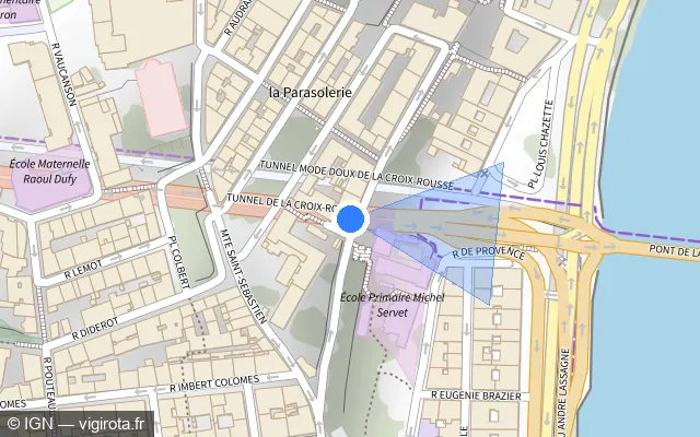 Vue plan de l'emplacement du radar fixe à Lyon sur Tunnel de la Croix-Rousse