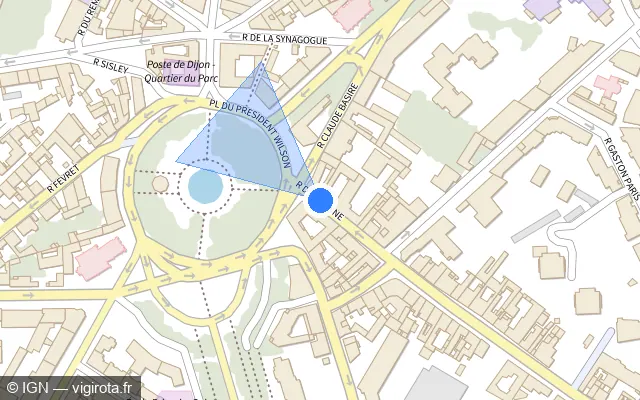 Vue plan de l'emplacement du radar de feu rouge à Dijon sur Rue d'Auxonne