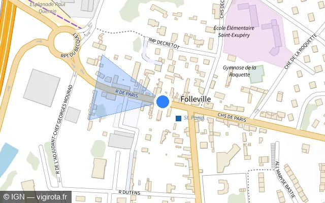 Vue plan de l'emplacement du radar de feu rouge à Pinterville sur Rue de Paris / D 6155