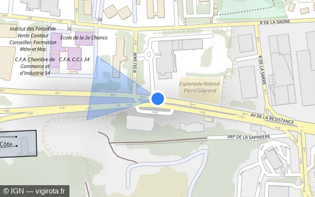 Vue plan de l'emplacement du radar de feu rouge à Laxou sur Avenue de la Résistance