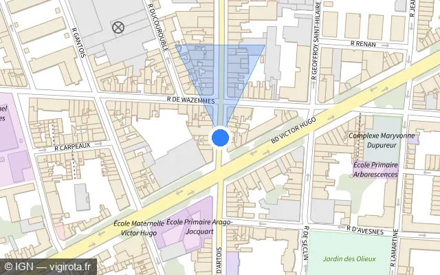 Vue plan de l'emplacement du radar de feu rouge à Lille sur Rue d'Artois