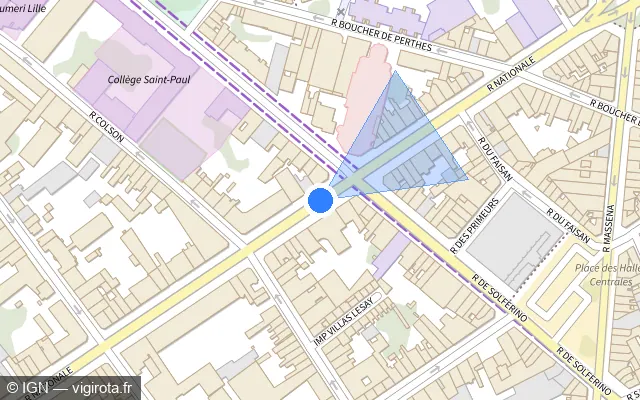 Vue plan de l'emplacement du radar de feu rouge à Lille sur Rue Nationale