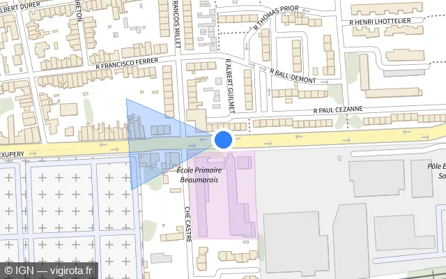 Vue plan de l'emplacement du radar de feu rouge à Calais sur Avenue Antoine de Saint-Exupéry