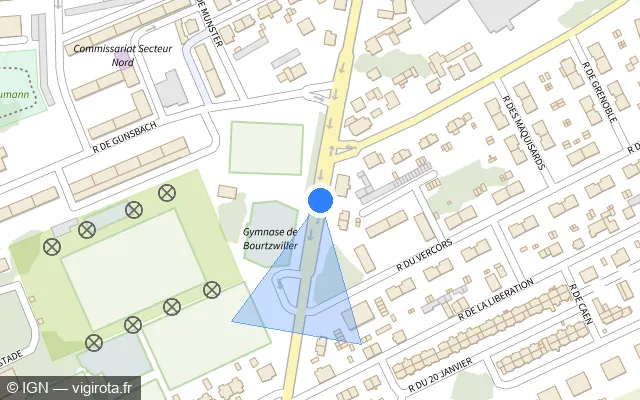 Vue plan de l'emplacement du radar de feu rouge à Mulhouse sur Rue de Kingersheim / D 20