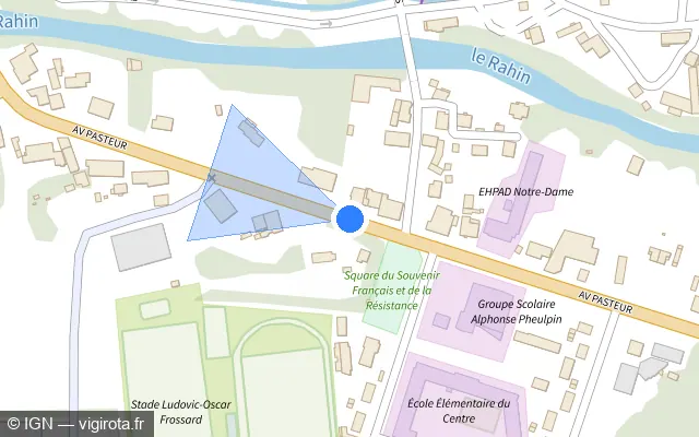 Vue plan de l'emplacement du radar de feu rouge à Ronchamp sur Avenue Pasteur / D 619