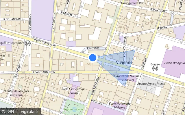 Vue plan de l'emplacement du radar de feu rouge à Paris sur Rue du Quatre Septembre