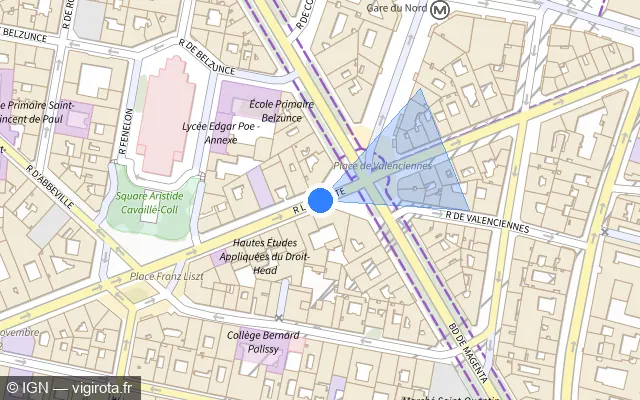 Vue plan de l'emplacement du radar de feu rouge à Paris sur Rue La Fayette