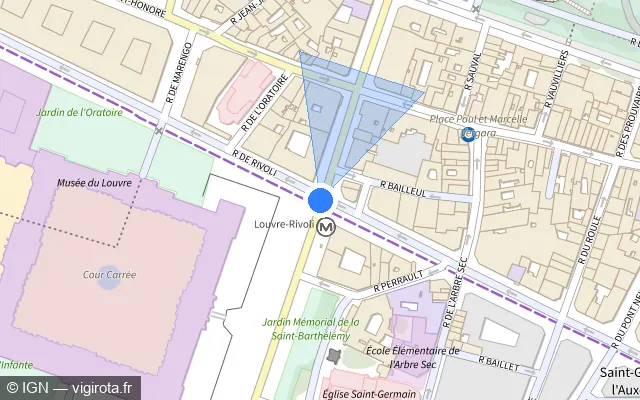 Vue plan de l'emplacement du radar de feu rouge à Paris sur Rue du Louvre