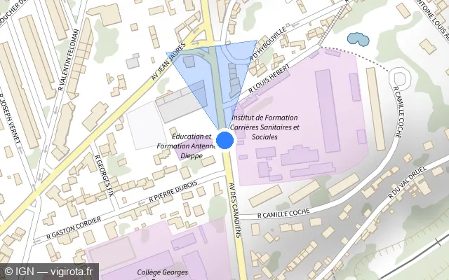 Vue plan de l'emplacement du radar de feu rouge à Dieppe sur Avenue des Canadiens / D 925