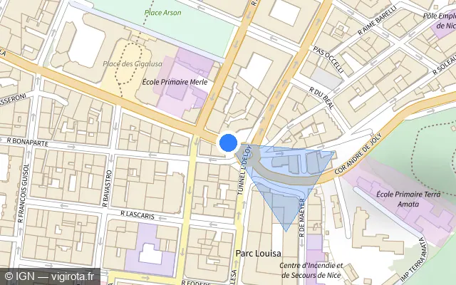 Vue plan de l'emplacement du radar de feu rouge à Nice sur Rue Barla