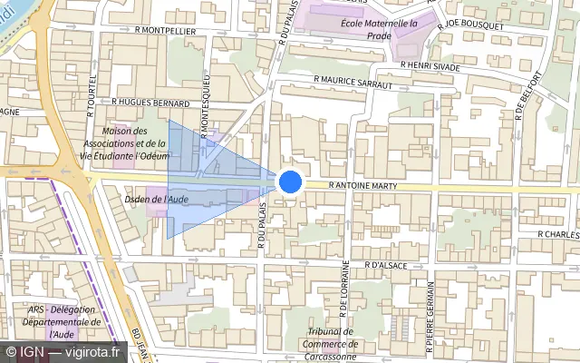 Vue plan de l'emplacement du radar de feu rouge à Carcassonne sur Rue Antoine Marty
