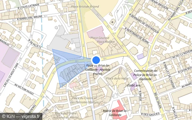 Vue plan de l'emplacement du radar de feu rouge à Brive-la-Gaillarde sur Boulevard Anatole France / D 38