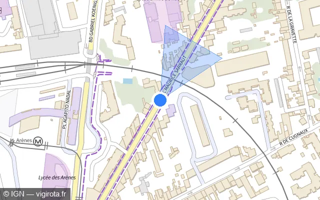 Vue plan de l'emplacement du radar de passage à niveau à Toulouse sur Allées Maurice Sarraut