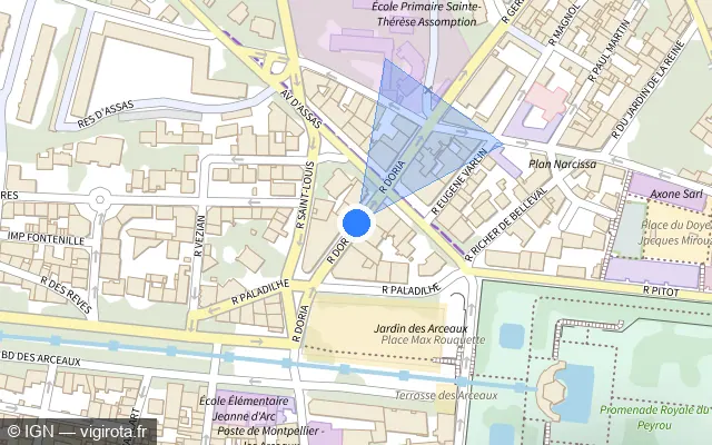 Vue plan de l'emplacement du radar de feu rouge à Montpellier sur Rue Doria