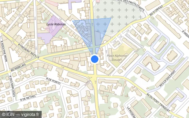 Vue plan de l'emplacement du radar de feu rouge à Montpellier sur Avenue de Palavas