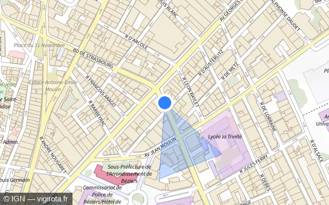 Vue plan de l'emplacement du radar de feu rouge à Béziers sur Boulevard Frédéric Mistral