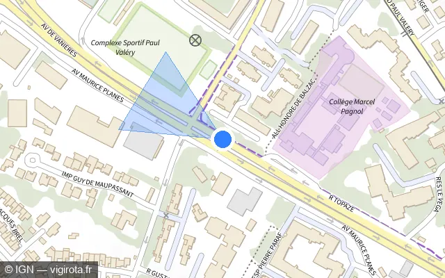 Vue plan de l'emplacement du radar de feu rouge à Montpellier sur Avenue de Vanières / M 65