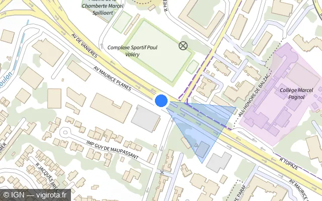 Vue plan de l'emplacement du radar de feu rouge à Saint-Jean-de-Védas sur Avenue de Vanières / M 65