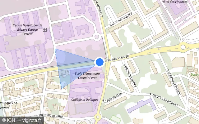 Vue plan de l'emplacement du radar de feu rouge à Béziers sur Avenue Pierre Verdier