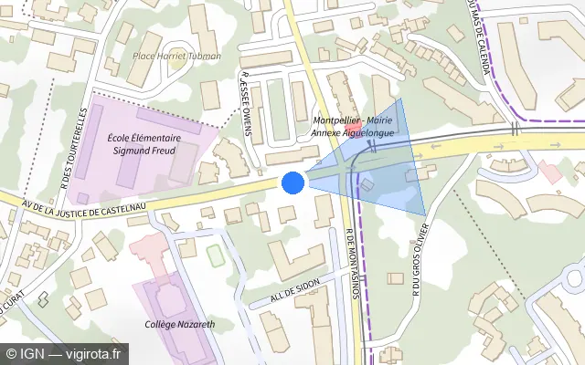 Vue plan de l'emplacement du radar de feu rouge à Montpellier sur Avenue de la Justice de Castelnau