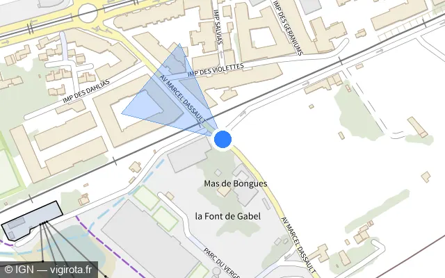 Vue plan de l'emplacement du radar de passage à niveau à Castelnau-le-Lez sur Avenue Marcel Dassault