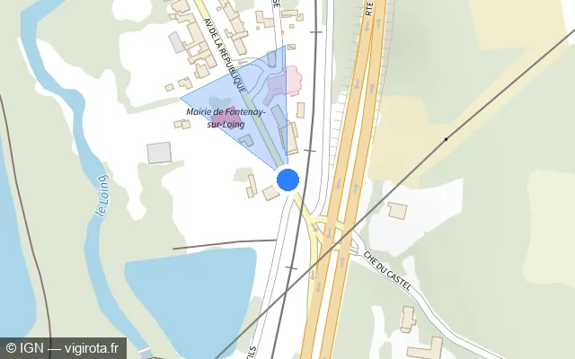 Vue plan de l'emplacement du radar de passage à niveau à Fontenay-sur-Loing sur Avenue de la République / D 32