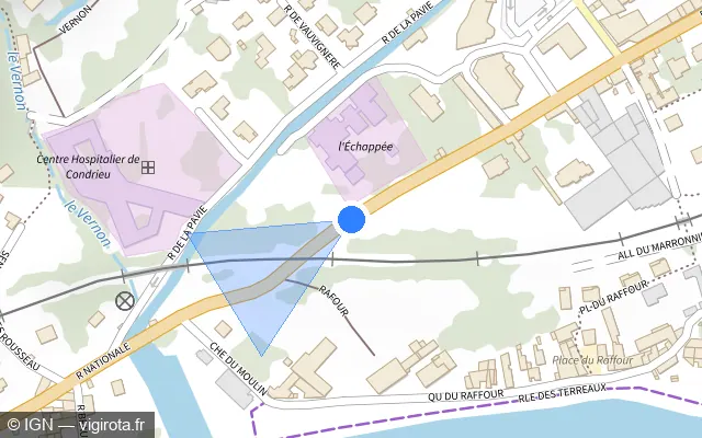 Vue plan de l'emplacement du radar de passage à niveau à Les Roches-de-Condrieu sur Rue Nationale / D 386