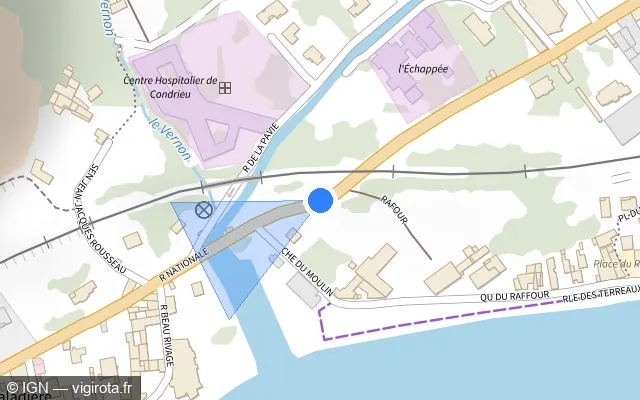 Vue plan de l'emplacement du radar de passage à niveau à Les Roches-de-Condrieu sur Rue Nationale / D 386